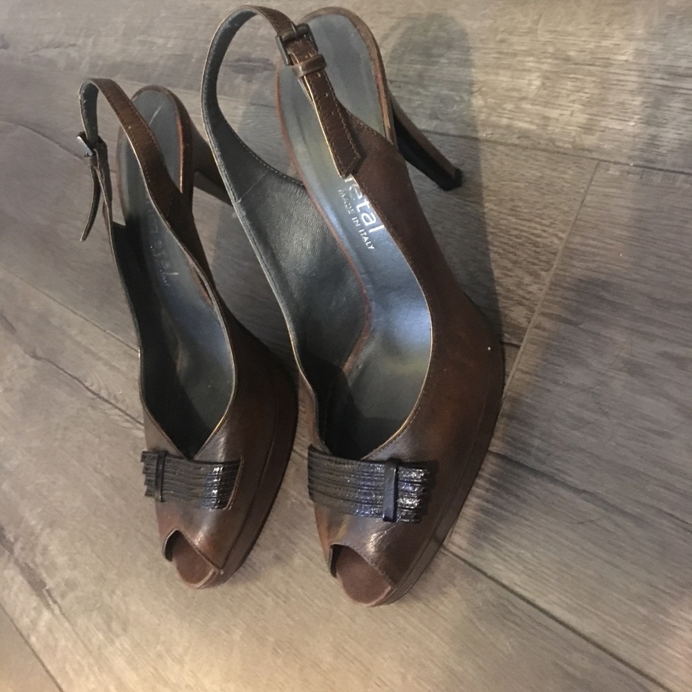 Brown leather peep toe heels